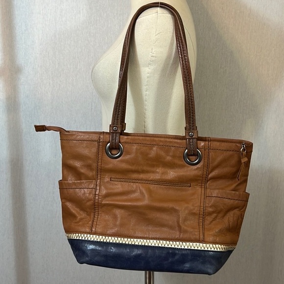 The Sak Landis Brown Blue Genuine Leather Double Strap Shoulder Bag Tote - Picture 2 of 7